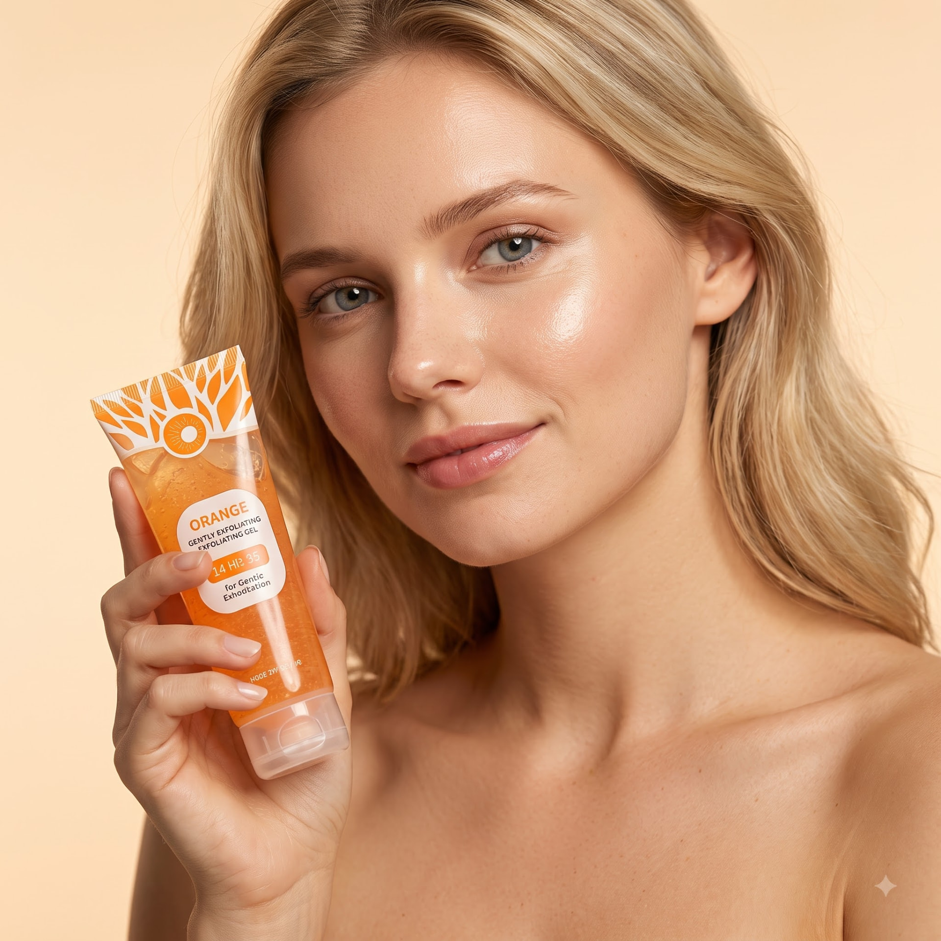 Model holding the YORVICA orange exfoliating gel tube